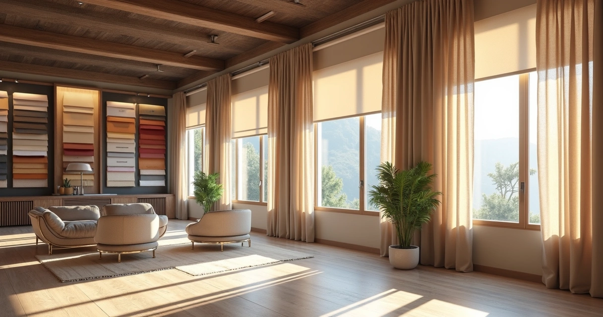 Ambiente interno de loja de cortinas mostra variedade de modelos sob medida em janelas iluminadas, com persianas, cortinas e toldos expostos com acabamento de alta qualidade