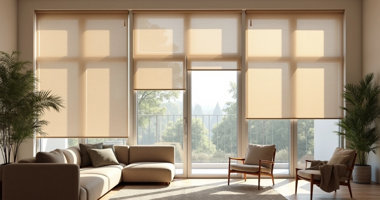 Sala moderna com persianas sob medida em tons neutros, luz natural entrando pela janela