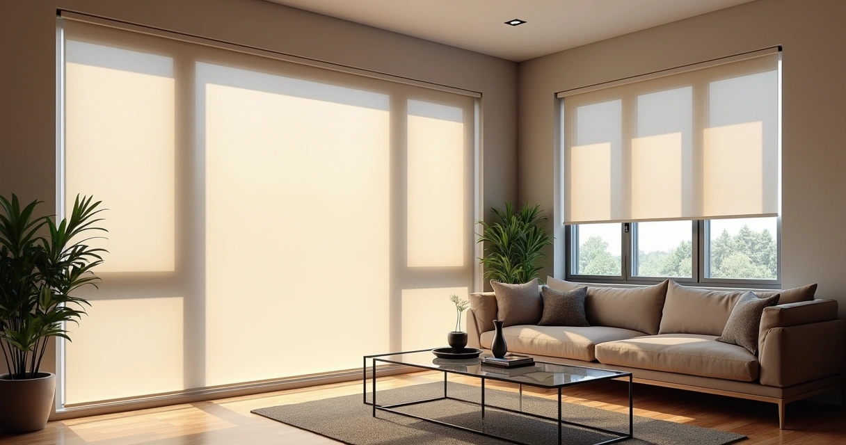 Sala de estar moderna com persianas elegantes em janelas grandes, luz natural entrando