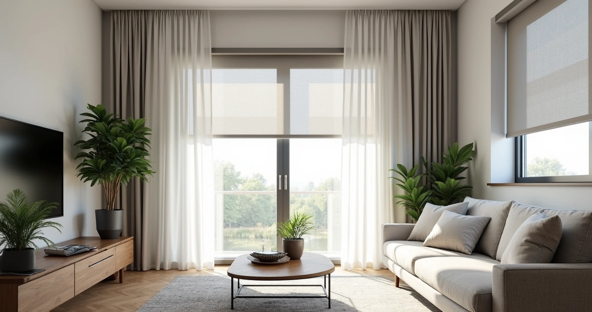 Sala de estar com cortinas brancas translúcidas e persianas ajustadas, ambiente iluminado e decorado com plantas e móveis neutros