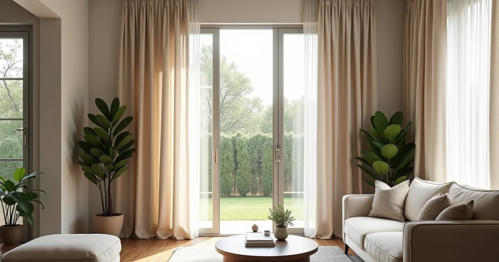 Sala de estar moderna com cortinas sob medida em tecido claro, luz natural entrando pela janela