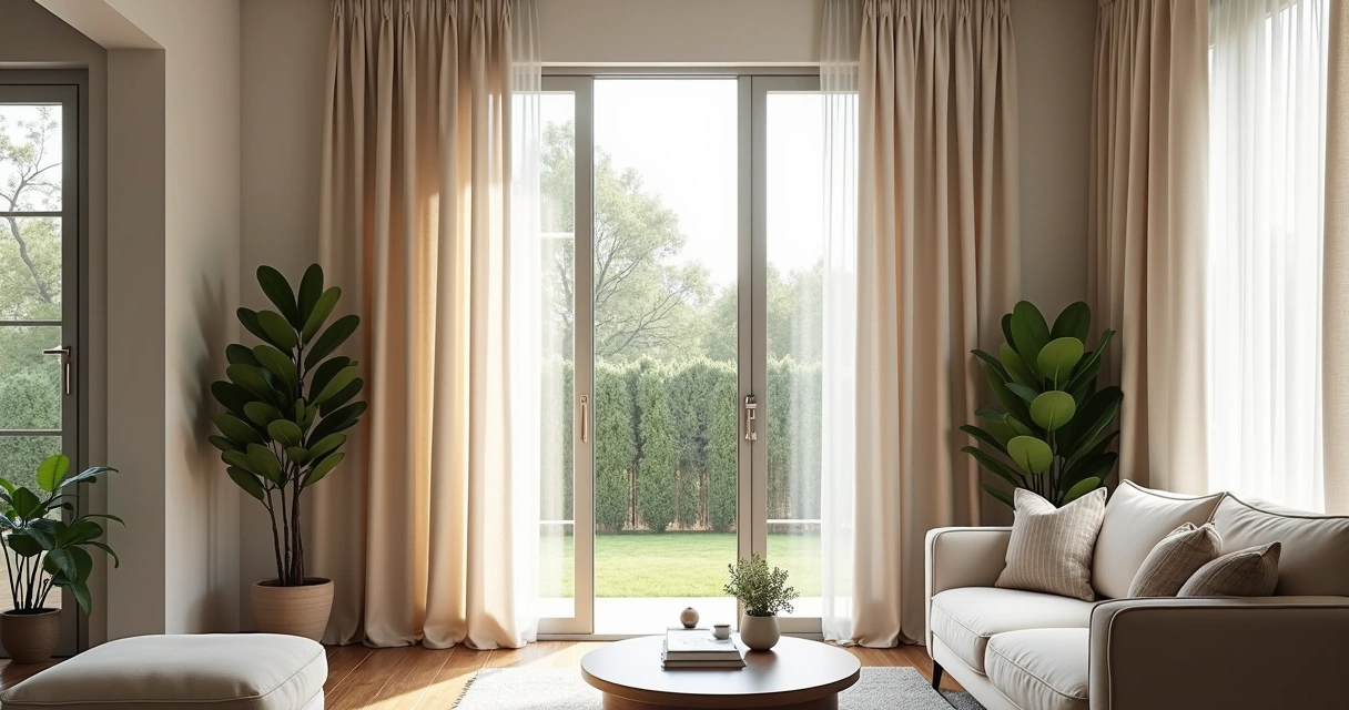 Sala de estar moderna com cortinas sob medida em tecido claro, luz natural entrando pela janela