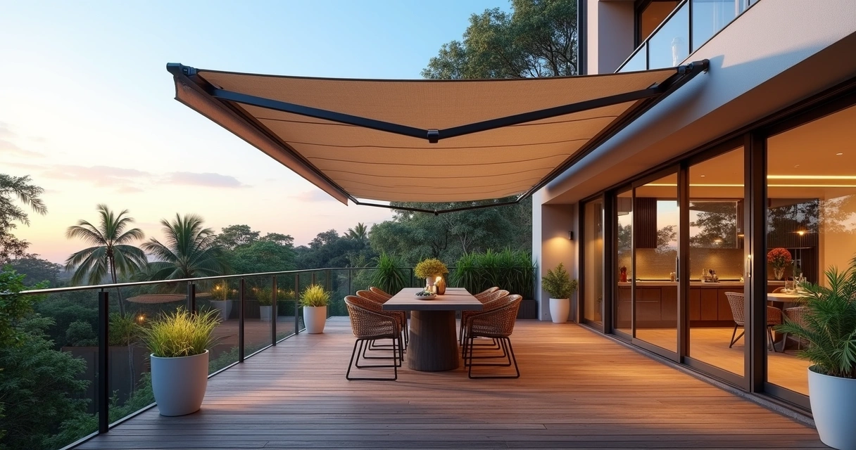 Varanda gourmet elegante com toldo retrátil, mobília moderna e iluminação natural