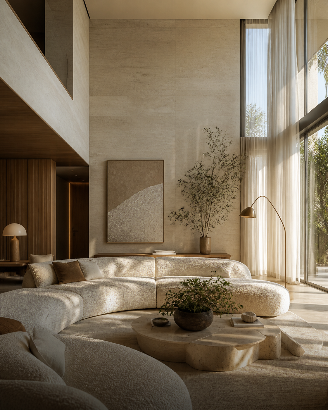 Ambiente residencial contemporâneo de alto padrão, com materiais naturais e cortinas de linho
